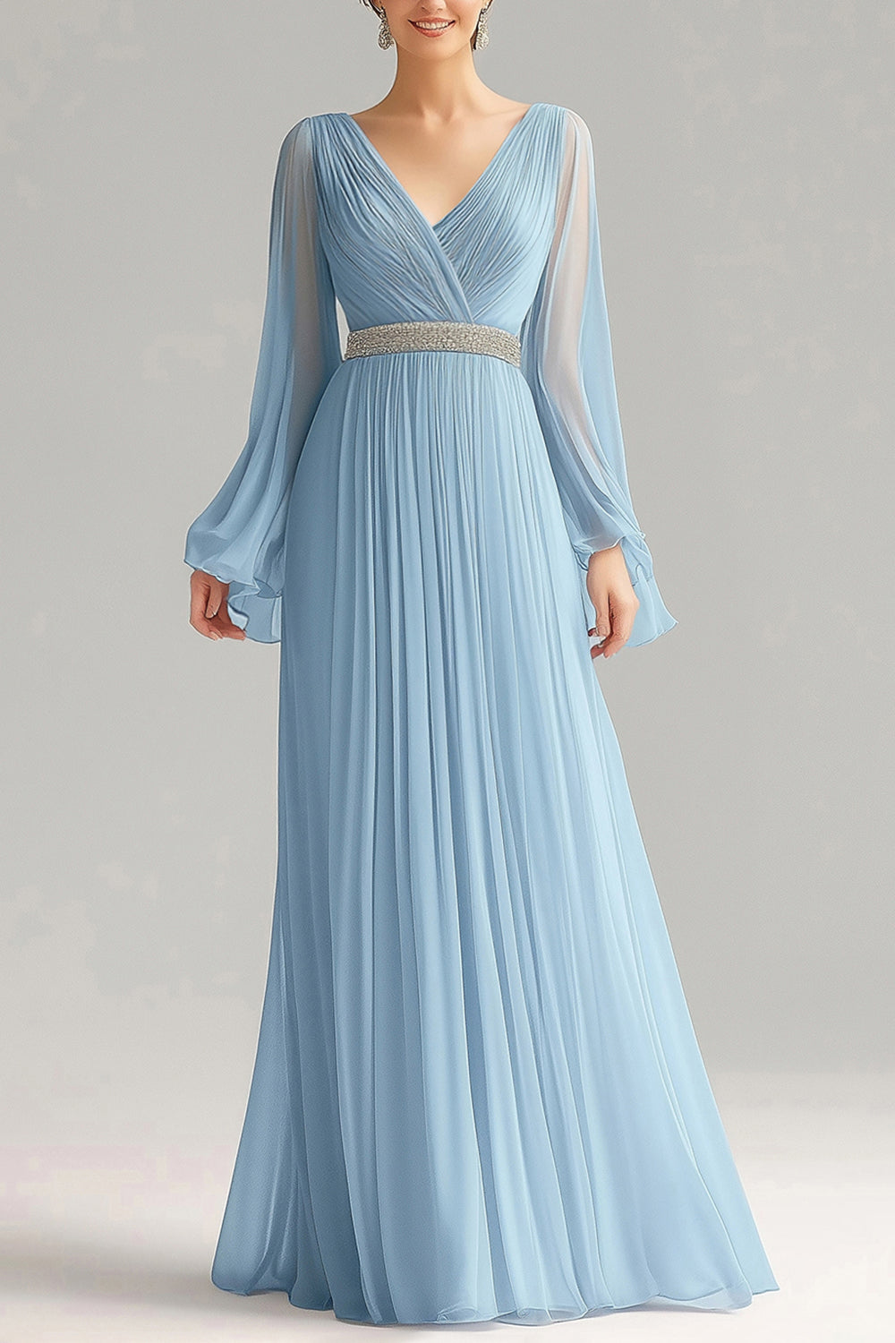 A Line Sky Blue Pleated Chiffon Formal Dress with Long Sleeves