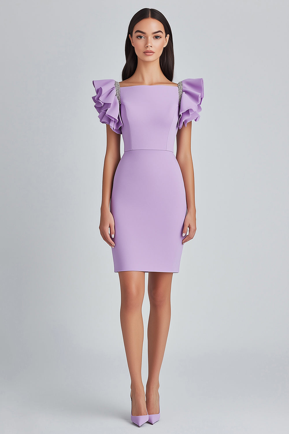 Lilac Bodycon Square Neck Cap Sleeves Satin Short Formal Dress