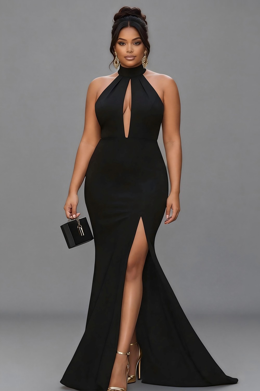 Plus Size Modest Black Keyhole Satin Long Formal Dress with Slit