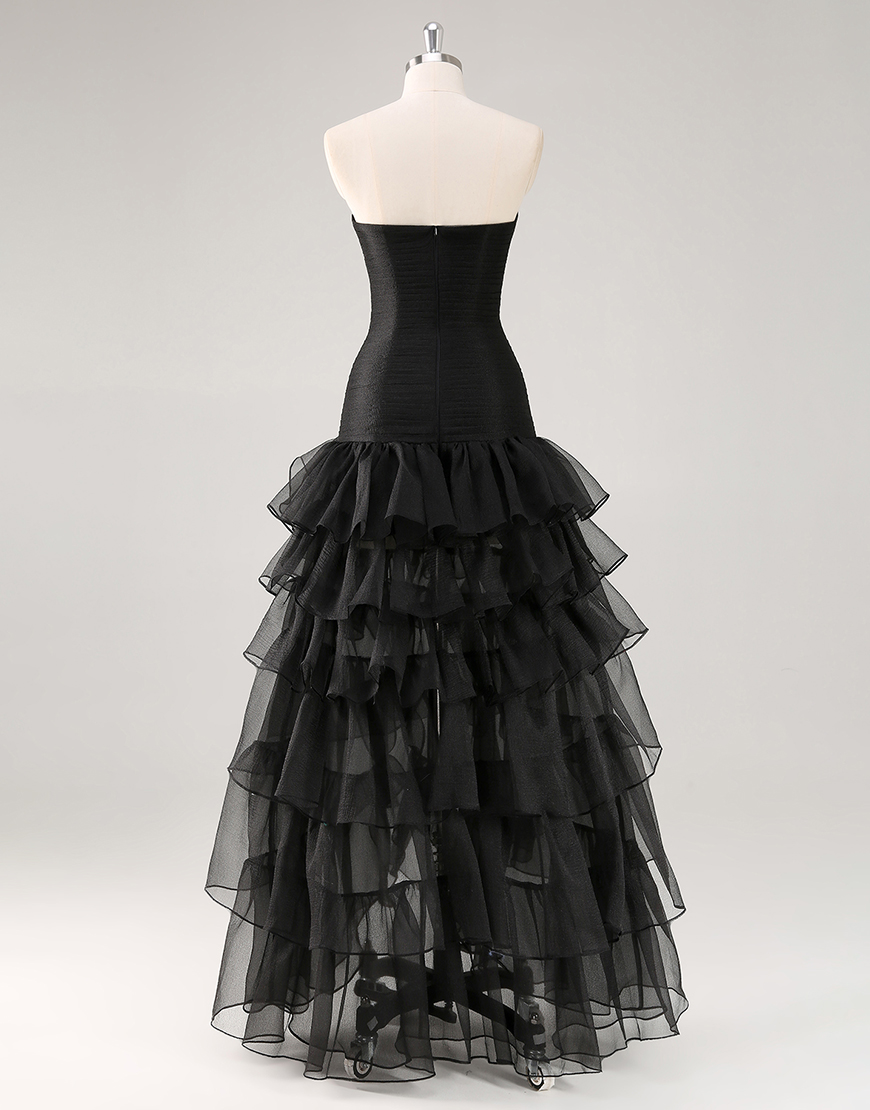 Black A Line Tiered Asymmetrical Strapless Long Tulle Formal Dress