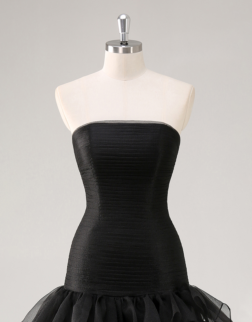 Black A Line Tiered Asymmetrical Strapless Long Tulle Formal Dress