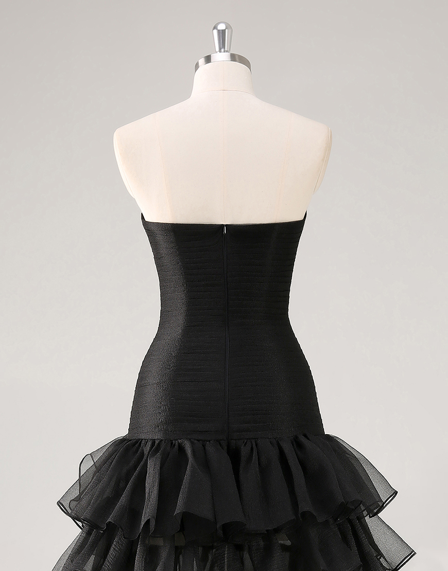 Black A Line Tiered Asymmetrical Strapless Long Tulle Formal Dress