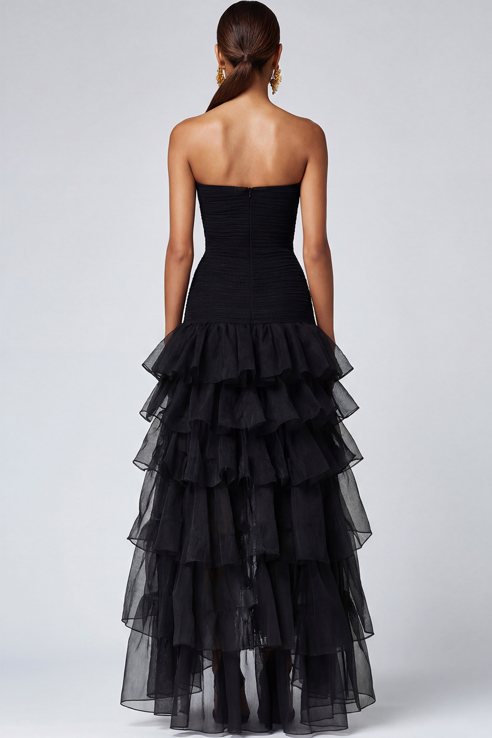 Black A Line Tiered Asymmetrical Strapless Long Organza Formal Dress