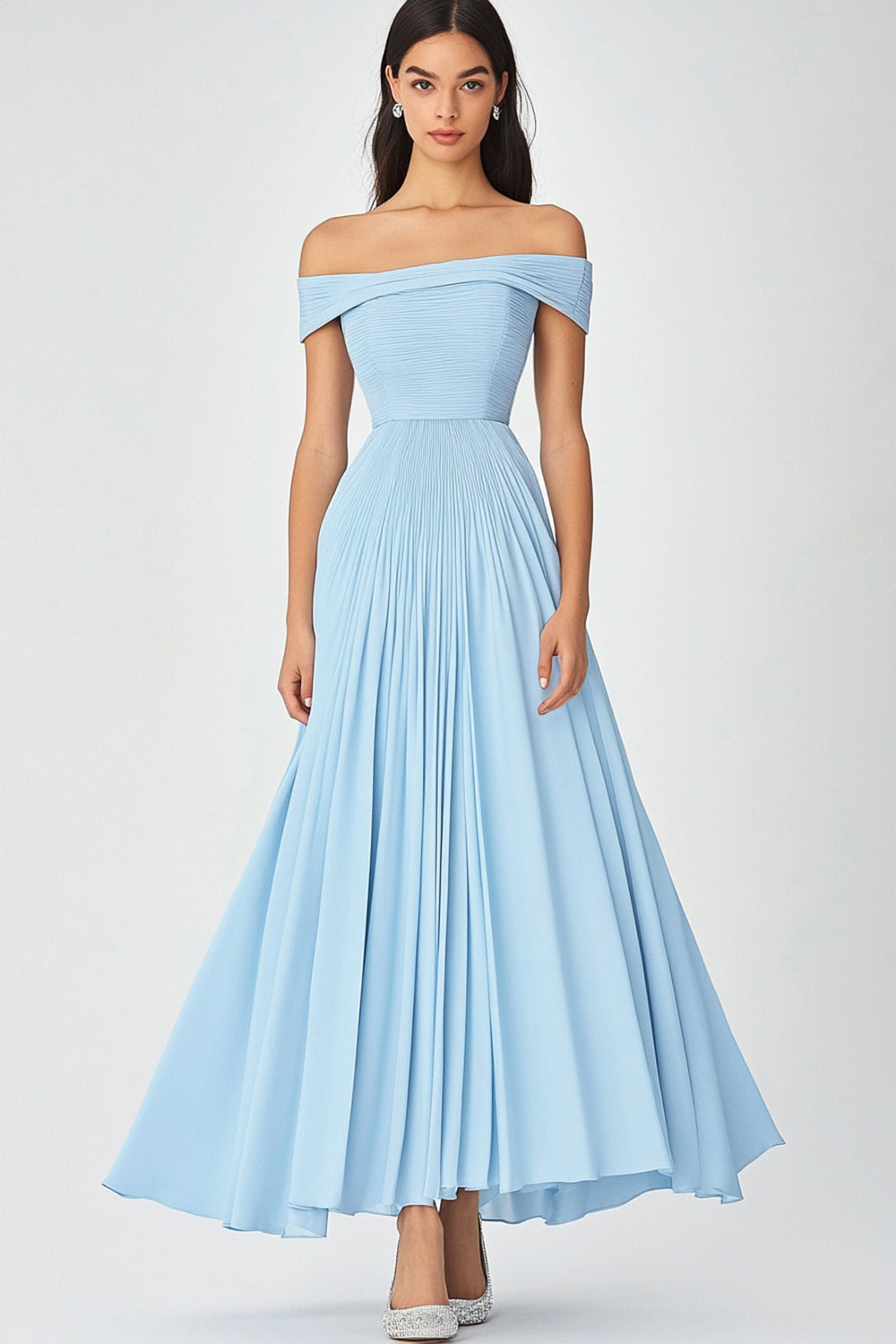 Off the Shoulder Sky Blue A Line Long Chiffon Formal Dress