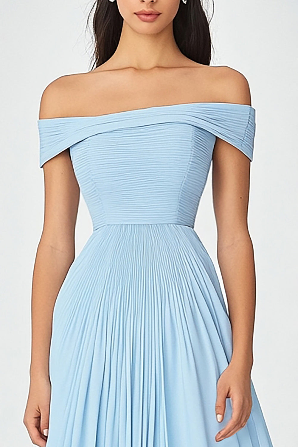 Off the Shoulder Sky Blue A Line Long Chiffon Formal Dress