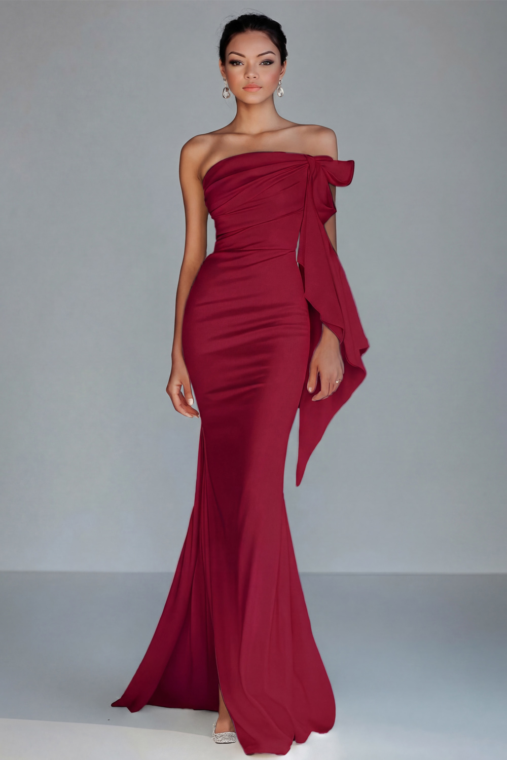 White Strapless Sheath Satin Long Formal Dress with Ruffles