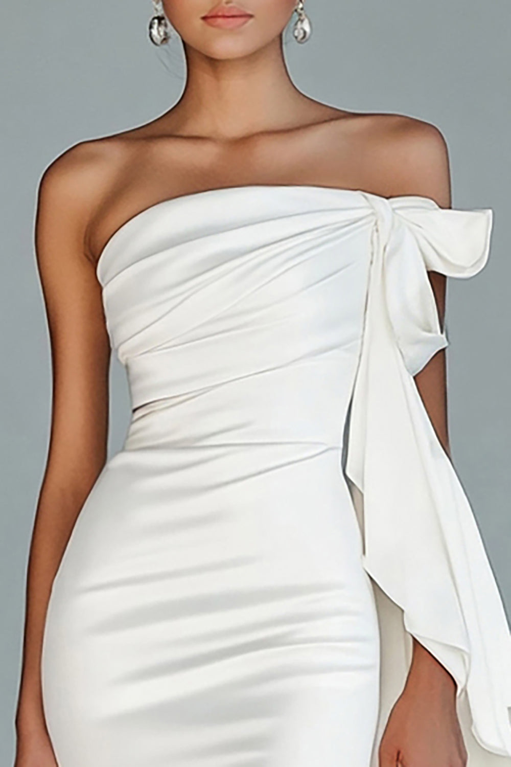 White Strapless Sheath Satin Long Formal Dress with Ruffles