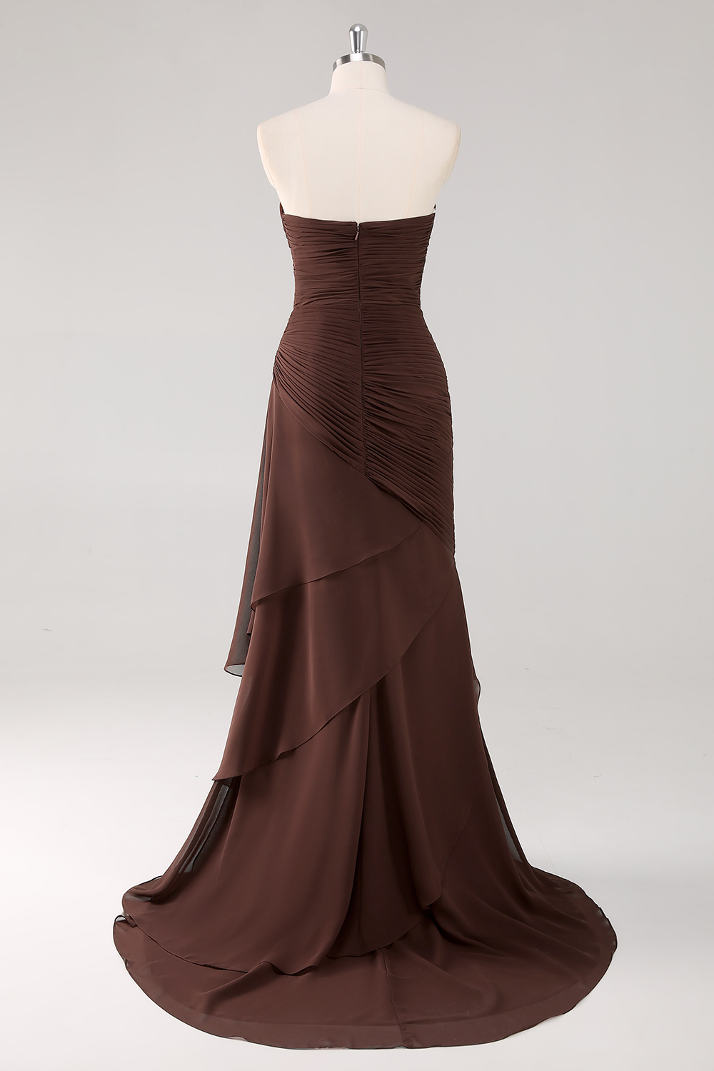 Dark Brown Strapless Tiered Long Chiffon Formal Dress