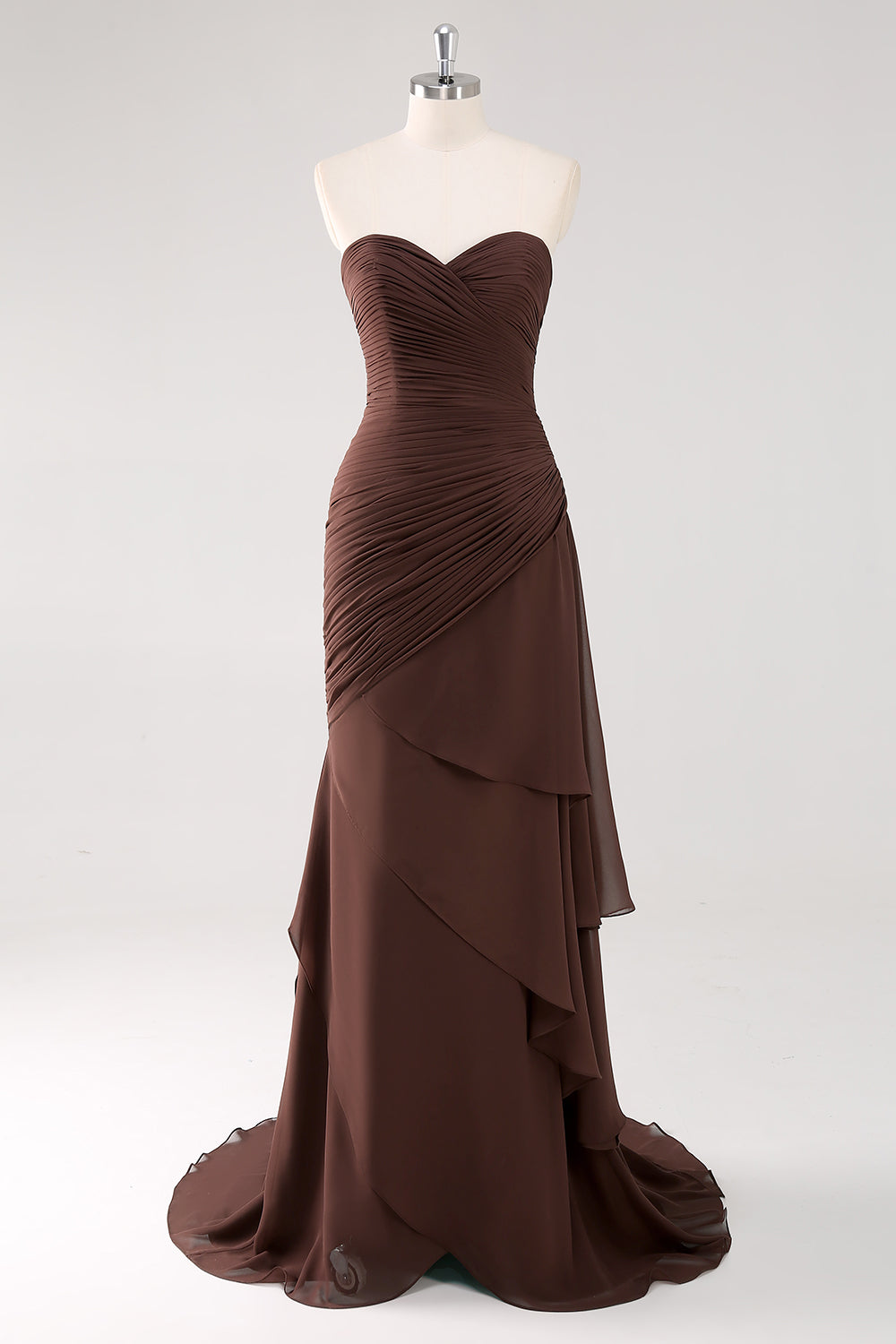 Strapless Dark Brown Sheath Chiffon Tiered Long Formal Dress