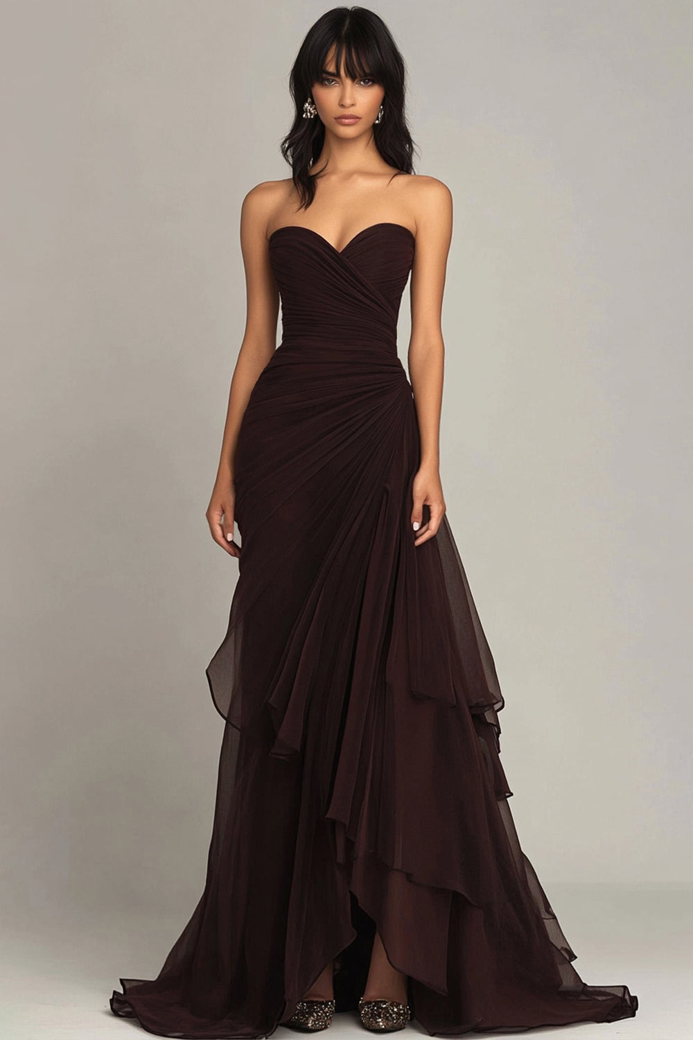 Hellymoon Women Wedding Guest Dress Dark Brown Chiffon Formal Dress Sheath Sweetheart Tiered Ruched Long Evening Dress