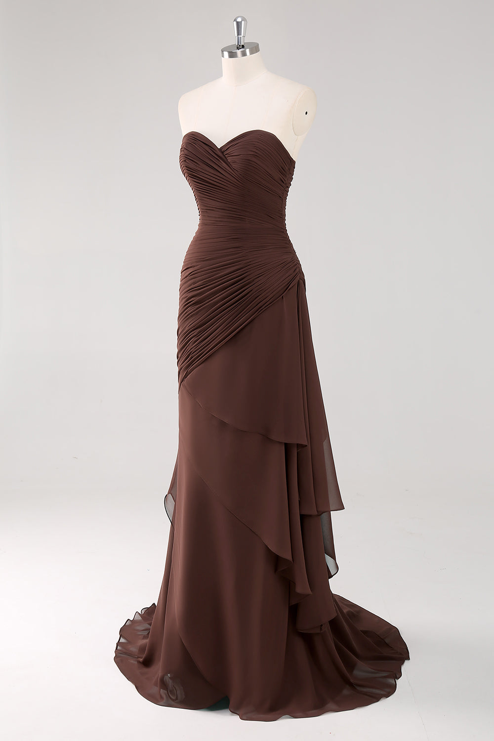 Strapless Dark Brown Sheath Chiffon Tiered Long Formal Dress