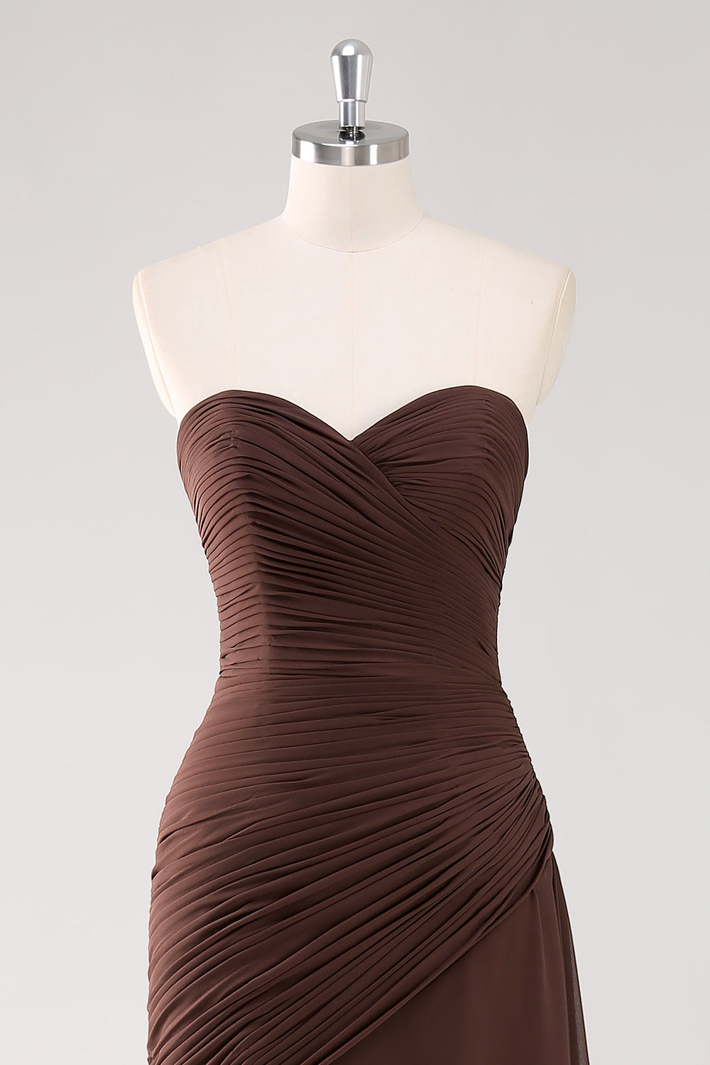 Strapless Dark Brown Sheath Chiffon Tiered Long Formal Dress