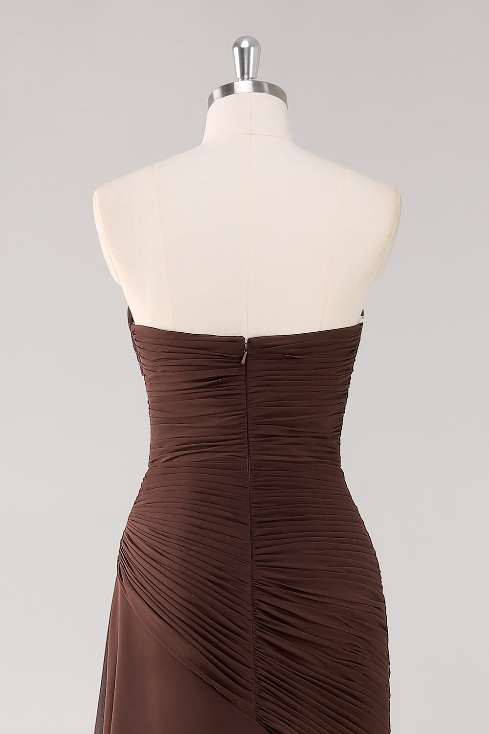 Strapless Dark Brown Sheath Chiffon Tiered Long Formal Dress