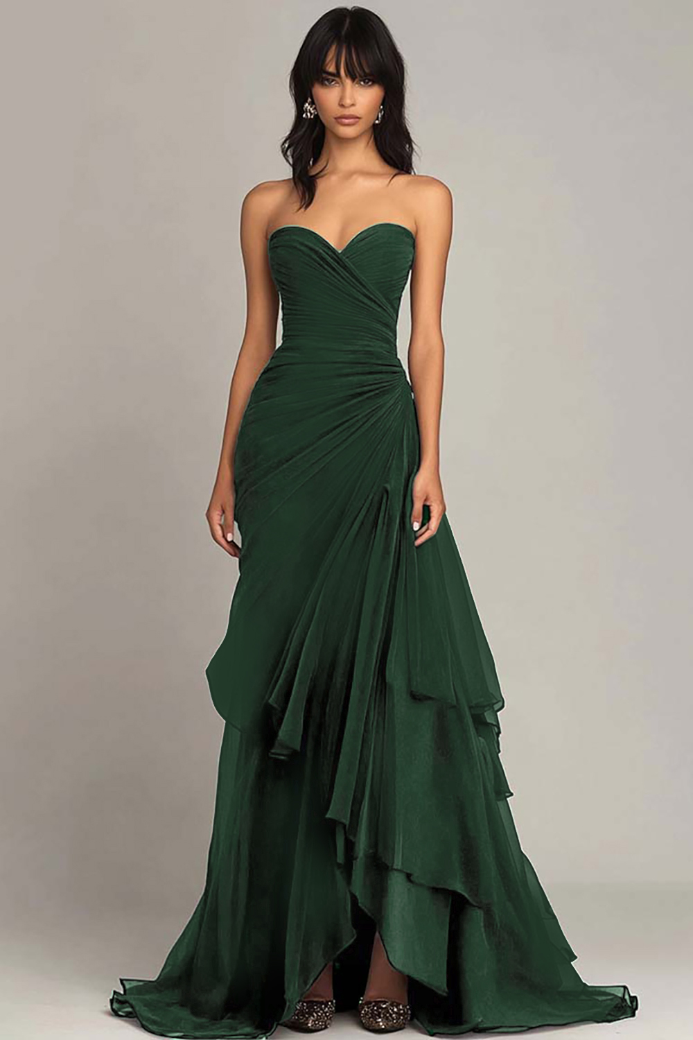 Dark Brown Strapless Tiered Long Chiffon Formal Dress