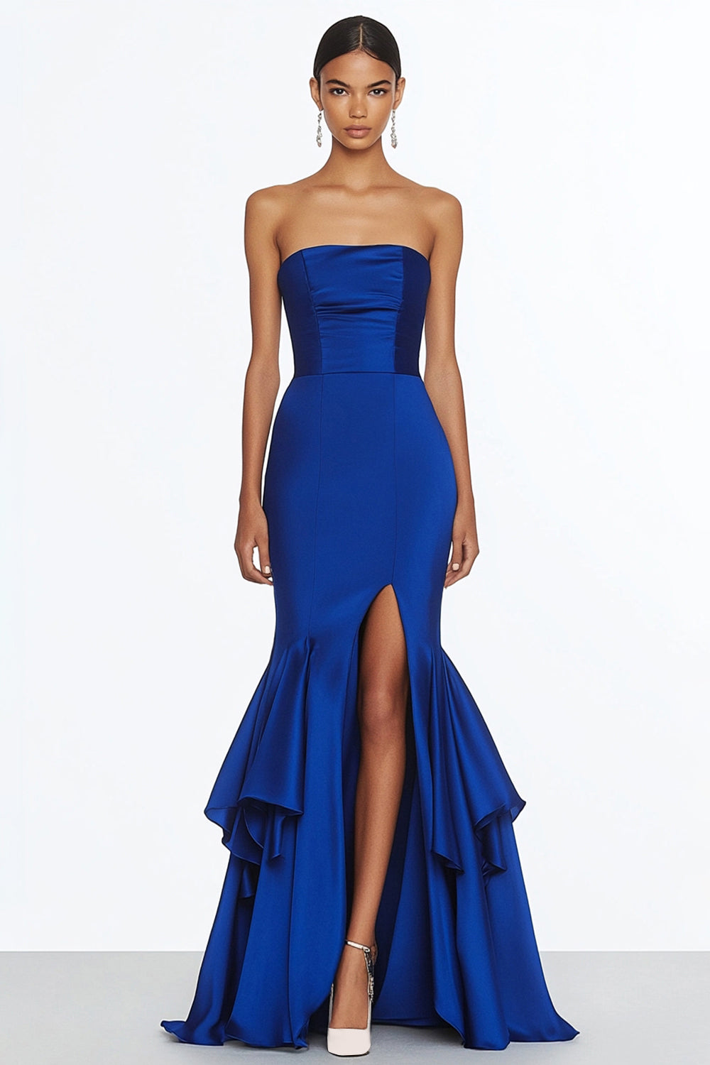 Royal Blue Strapless Ruffled Tiered Long Formal Dress with Slit