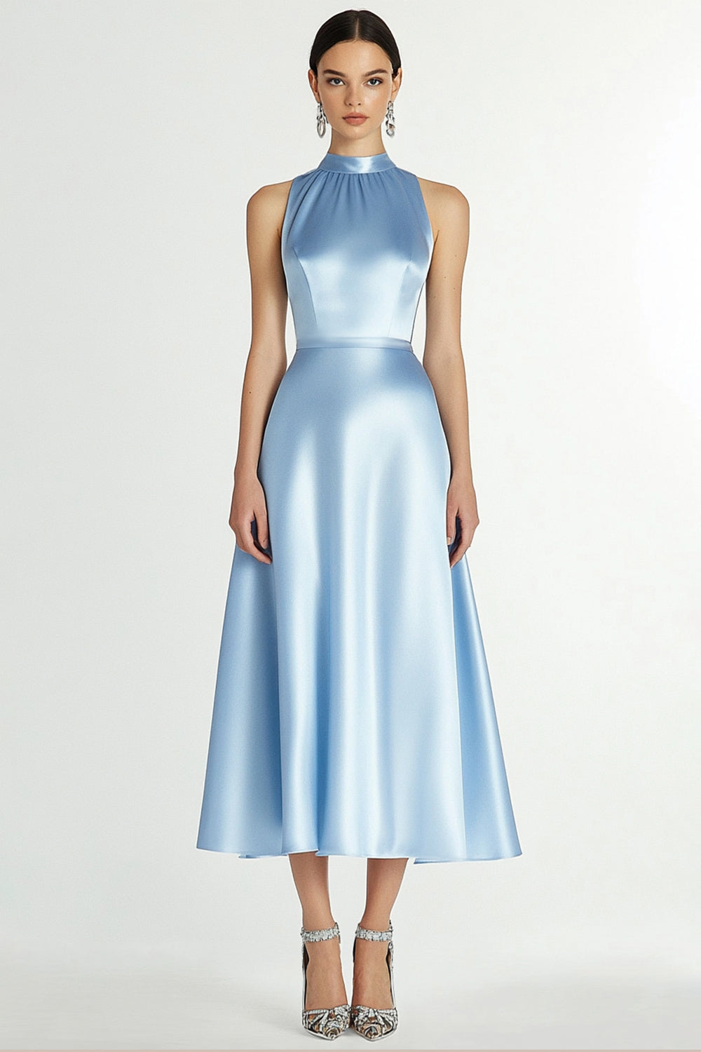 A Line Blue High Neck Satin Tea Length Formal Dress