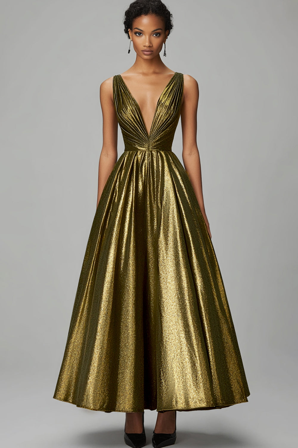 Metallic Dark Gold Deep V-Neck Pleated Long Formal Dress