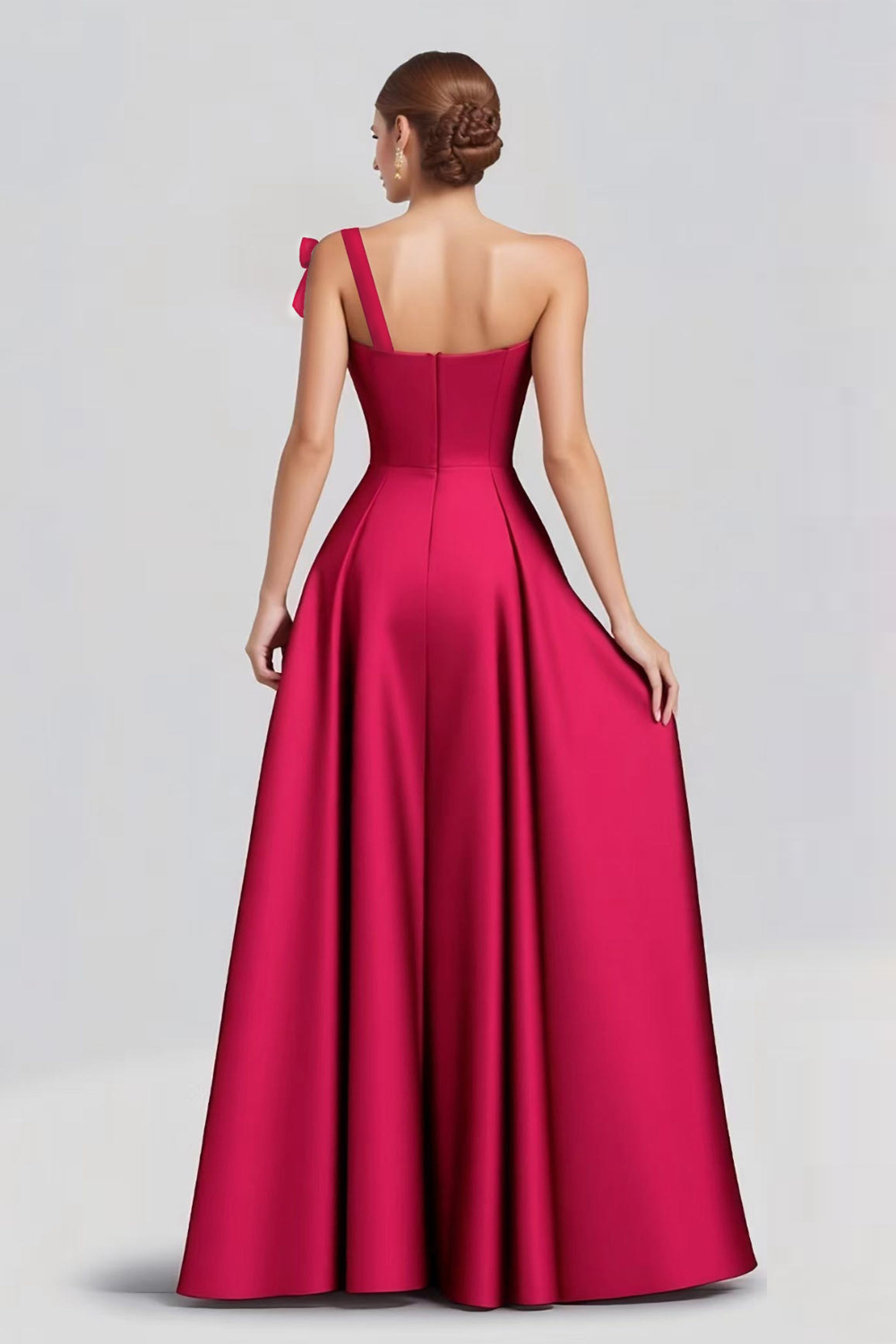 Fuchsia A Line One Shoulder Long Satin Formal Dress