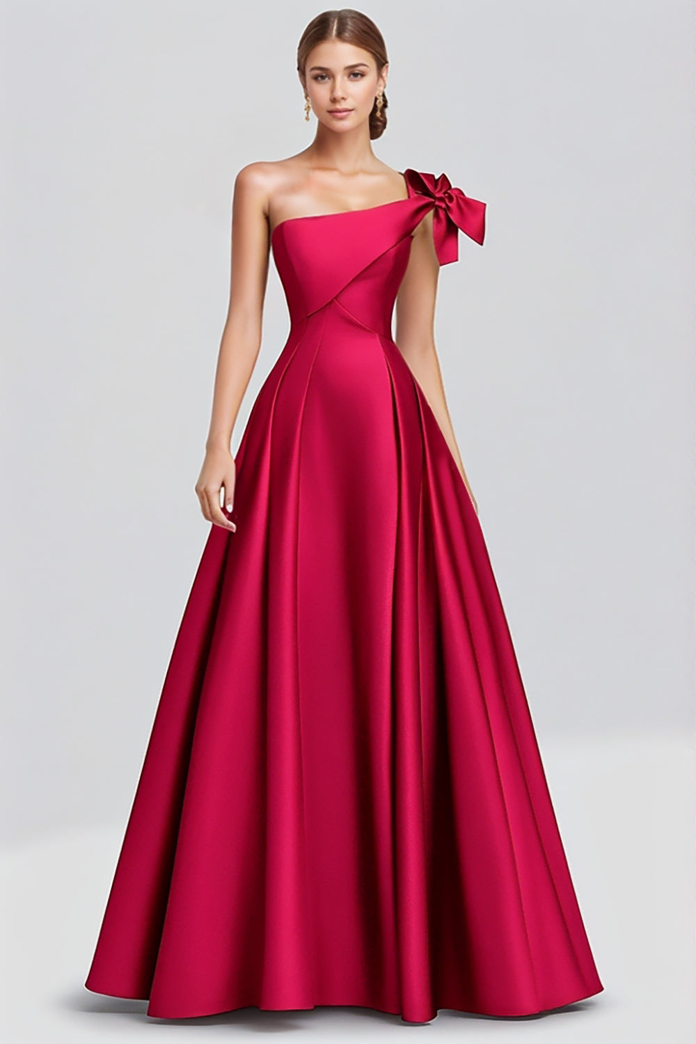 Fuchsia A Line One Shoulder Long Satin Formal Dress