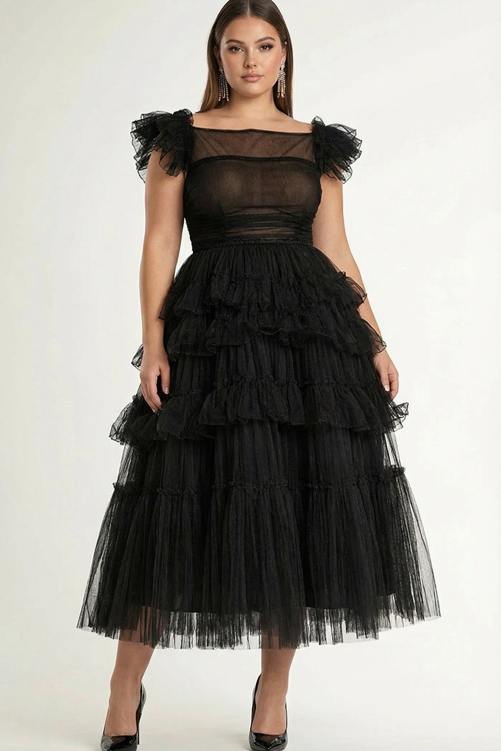 Plus Size Black Tulle A Line Tiered Midi Formal Dress