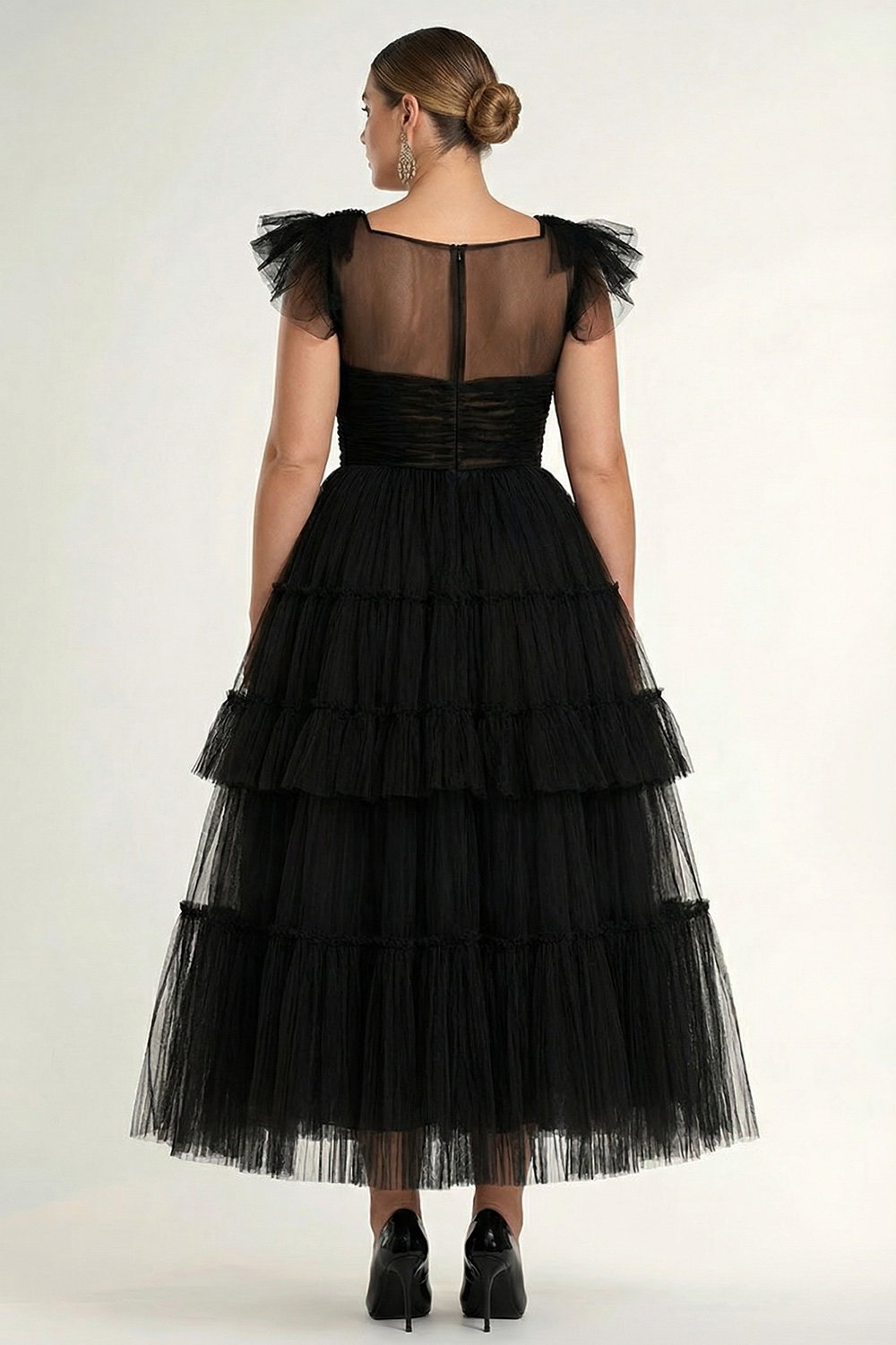 Plus Size Black Tulle A Line Tiered Midi Formal Dress