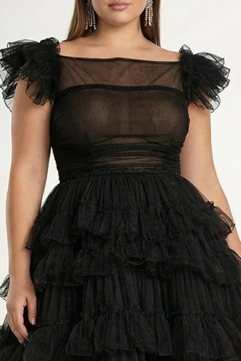 Plus Size Black Tulle A Line Tiered Midi Formal Dress