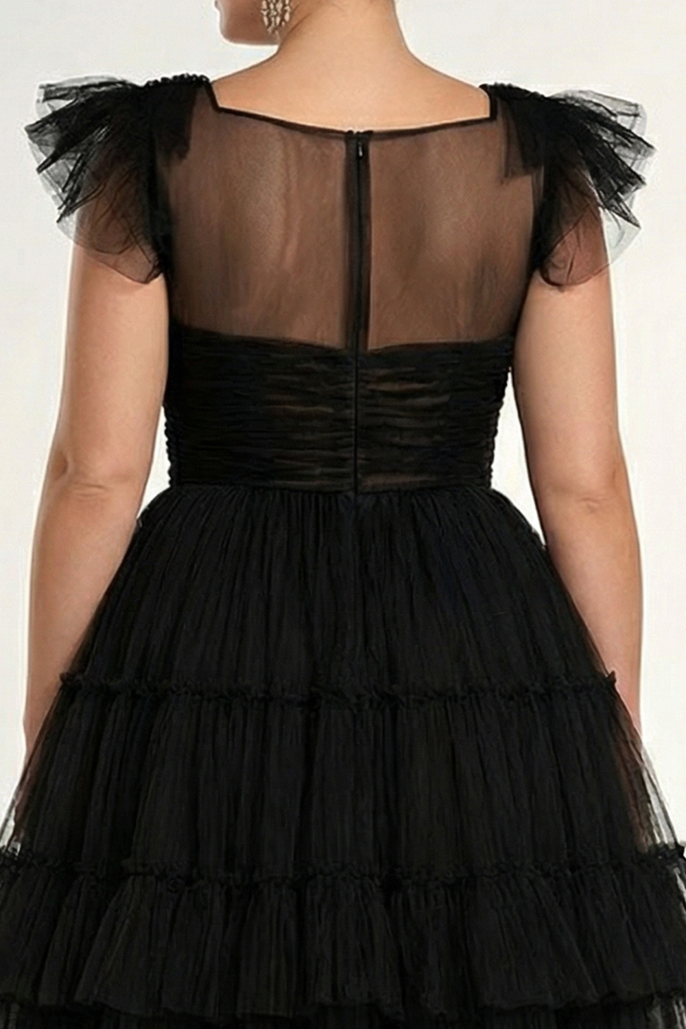 Plus Size Black Tulle A Line Tiered Midi Formal Dress