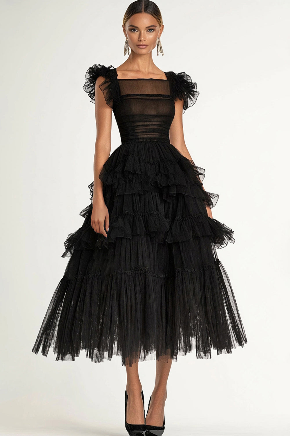 Black Tulle A Line Tiered Tea Length Formal Dress with Ruffles