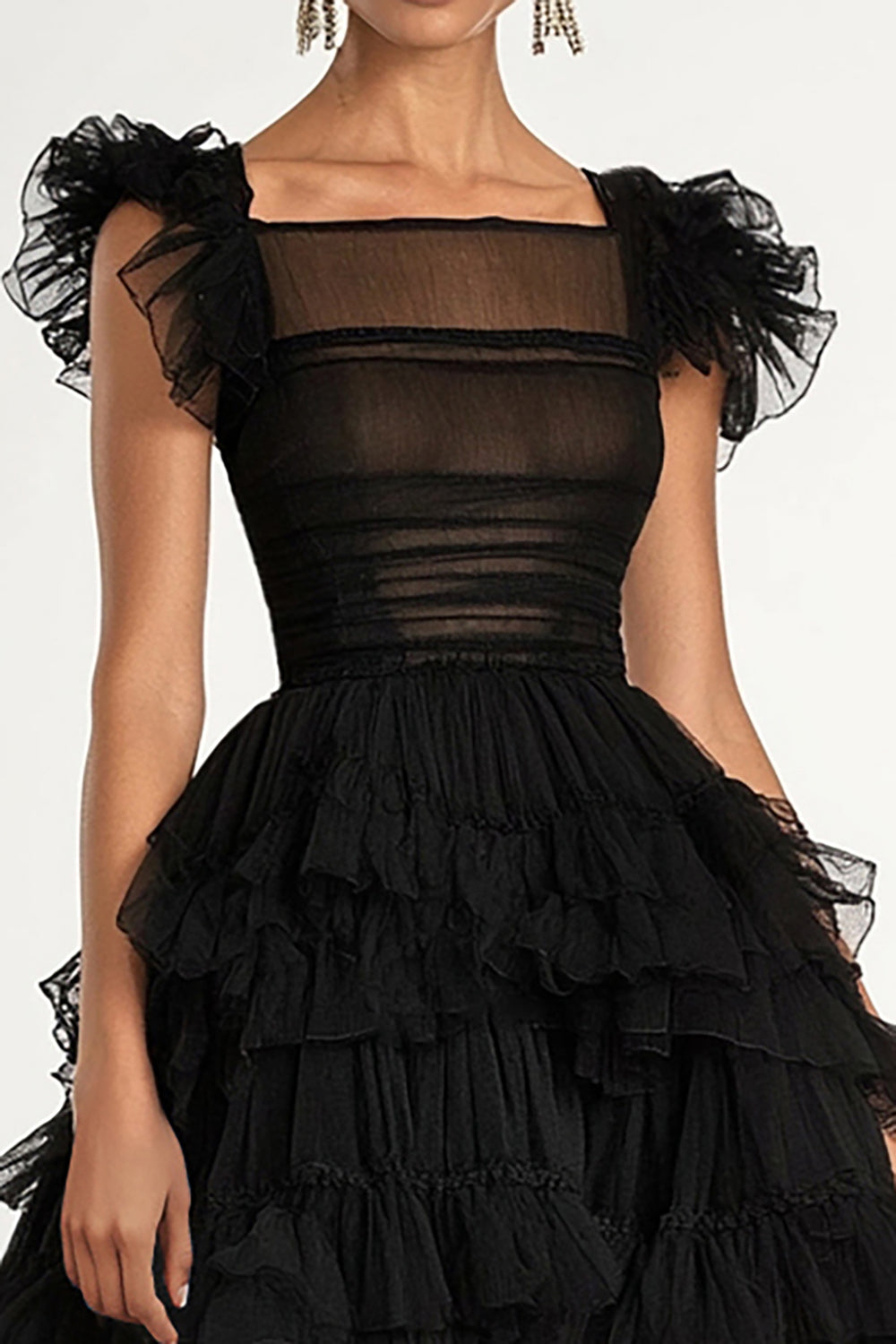 Black Tulle A Line Tiered Tea Length Formal Dress with Ruffles