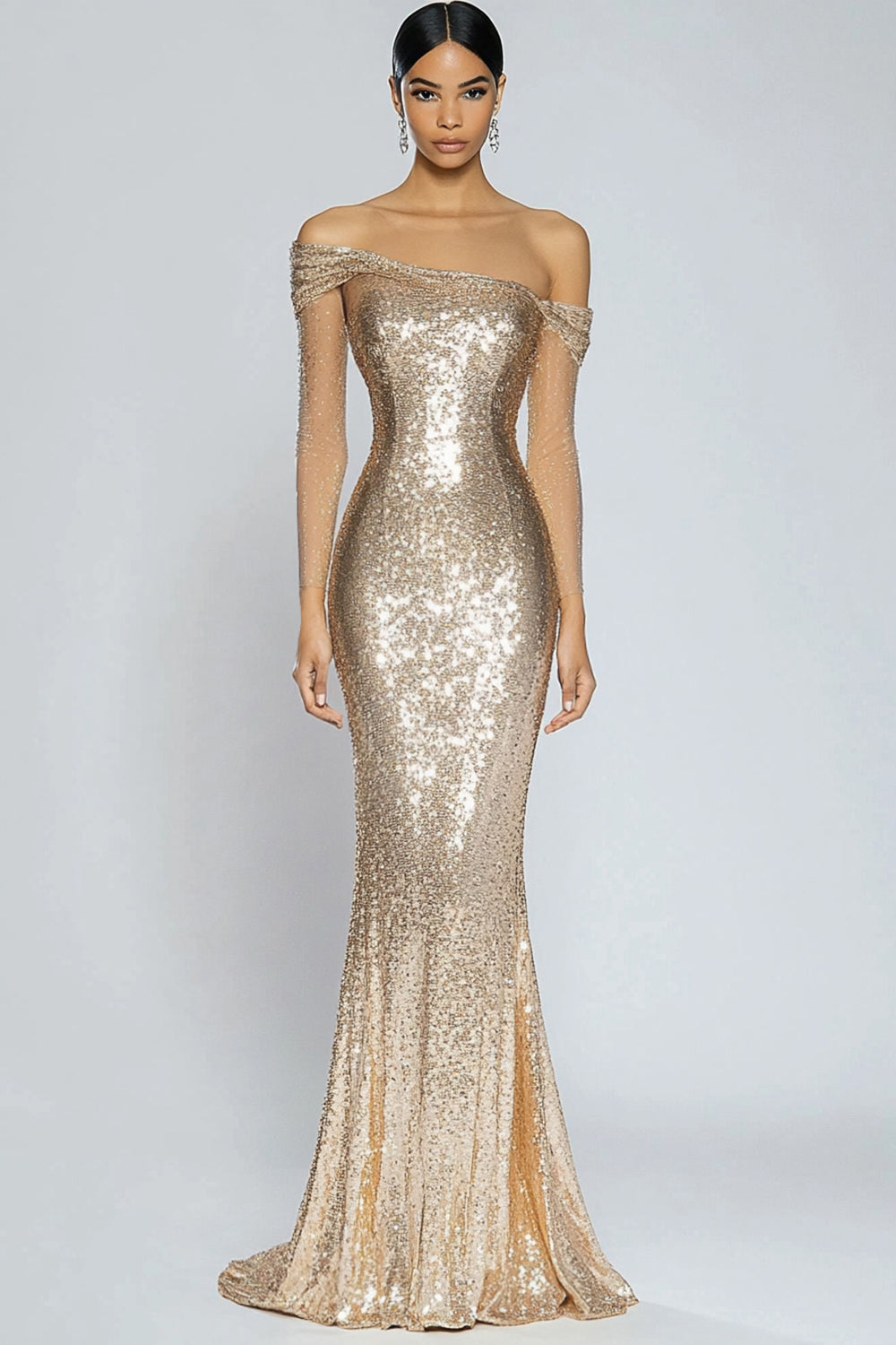 Champagne Sparkly Sequins Long Sleeves Formal Dress