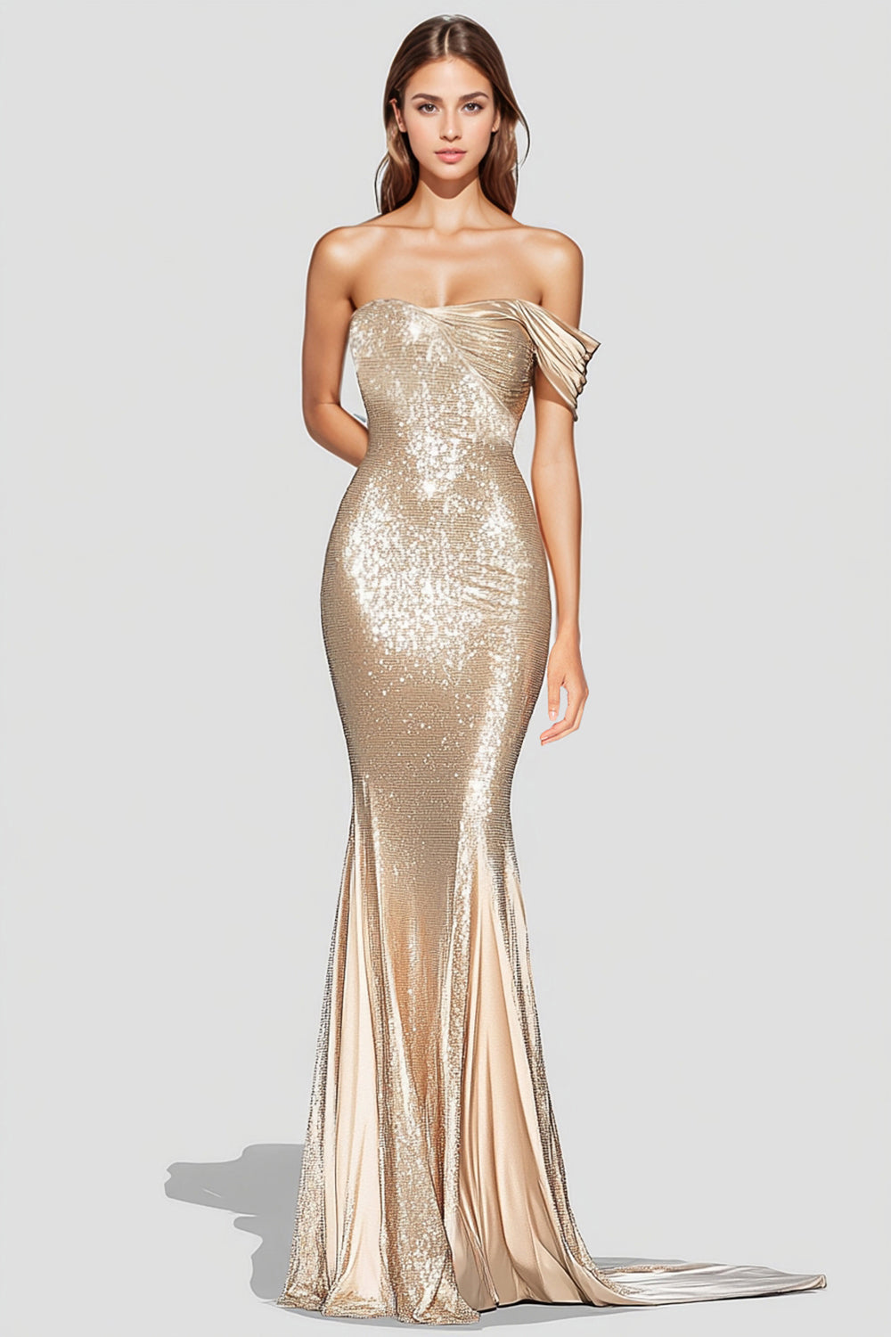Mermaid Sparkly Champagne One Shoulder Long Formal Dress