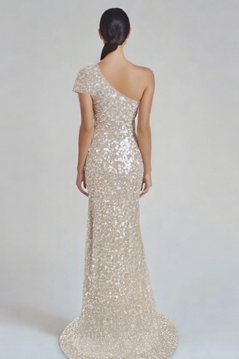 Sparkly Champagne One Shoulder Sheath Long Formal Dress