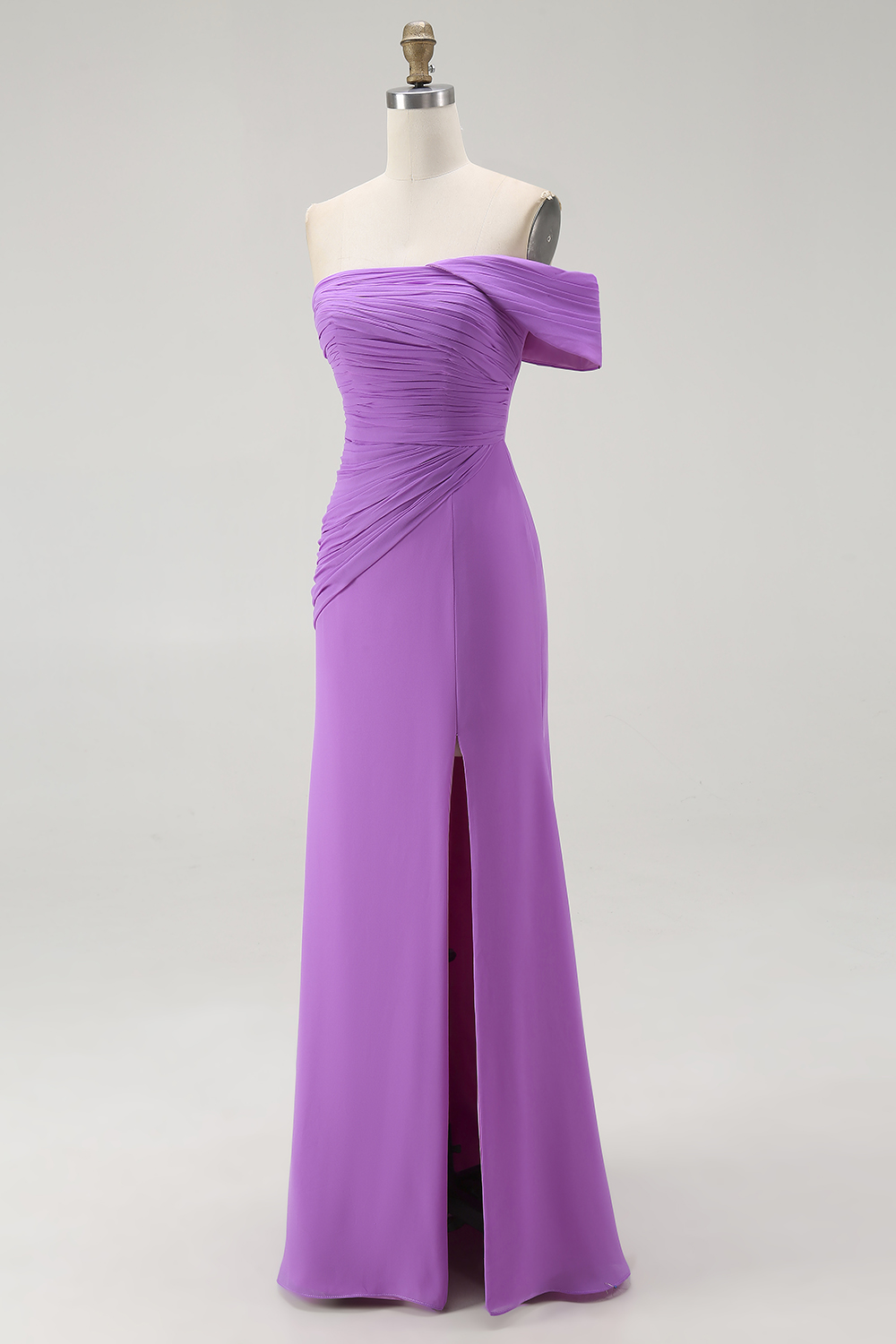 Purple Chiffon Ruched Long Sheath Formal Dress with Slit