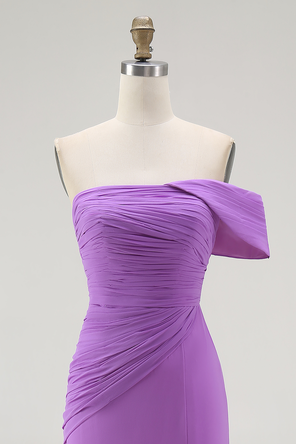 Purple Chiffon Ruched Long Sheath Formal Dress with Slit