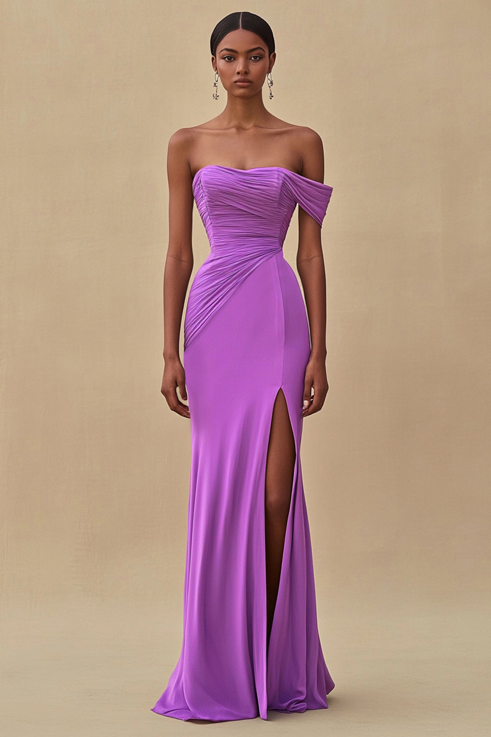 Purple Chiffon Ruched Long Sheath Formal Dress with Slit