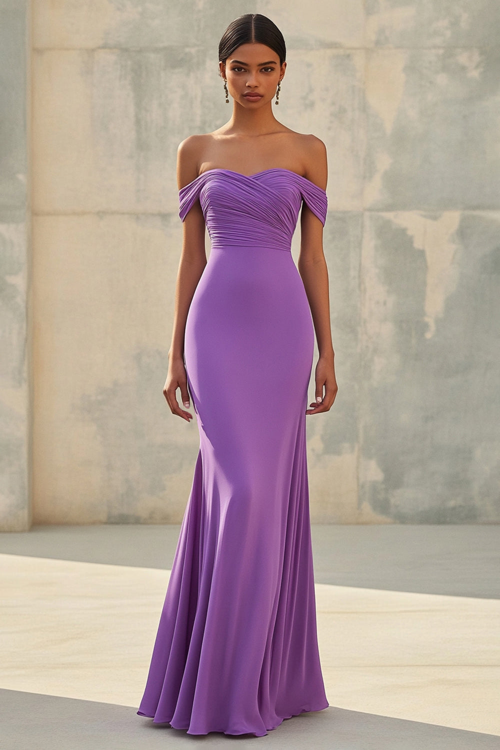 Off the Shoulder Purple Sheath Long Chiffon Formal Dress
