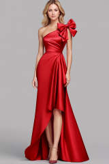 Hellymoon Women Red Satin A Line Formal Dress with Bowknot Asymmetrical ...