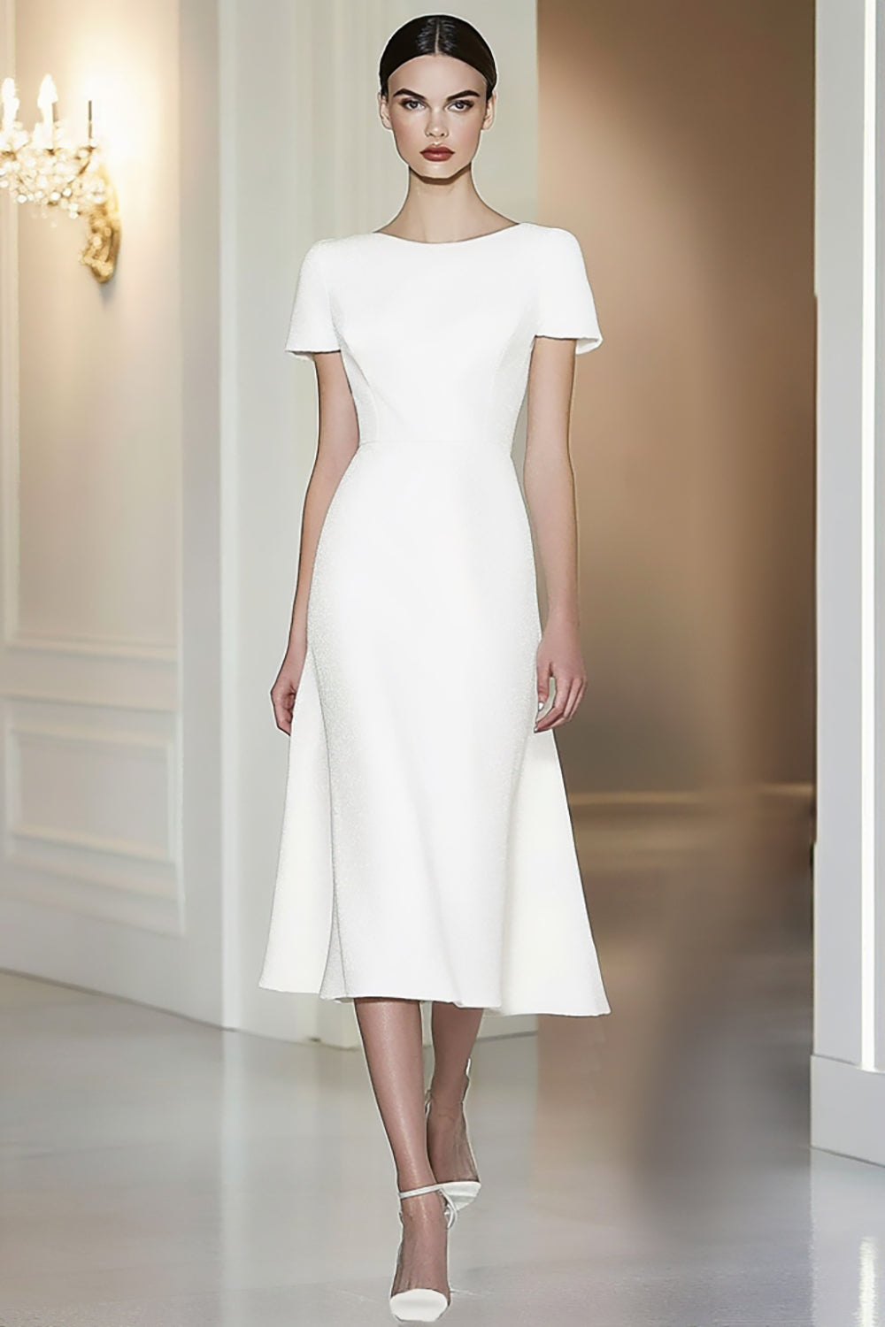 White Boat Neck Long Formal Dress with Short Sleeves