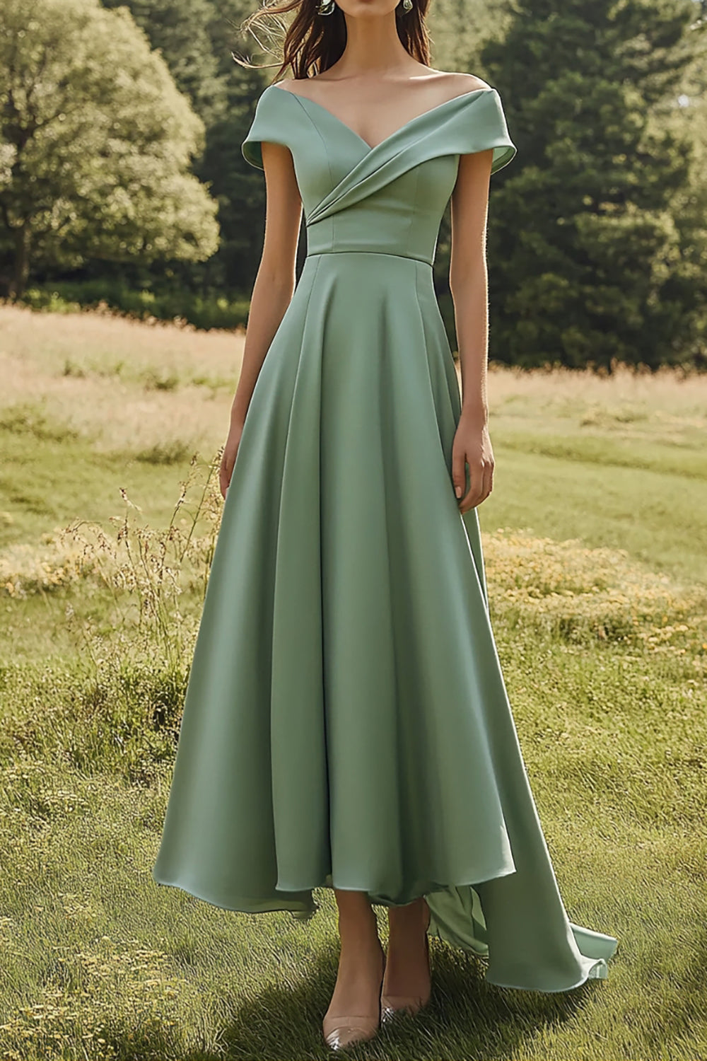 A Line Sage Off the Shoulder V-Neck Long Satin Formal Dress