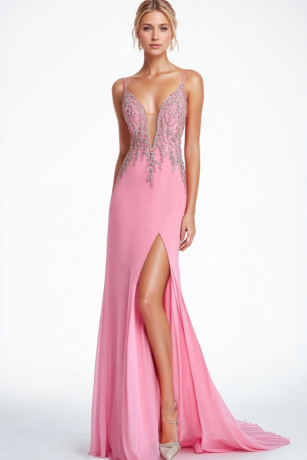 Pink Sparkly Spaghetti Straps Long Formal Dress with Slit