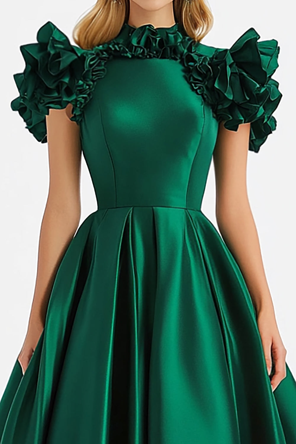 Dark Green Collar Neck A Line Long Formal Dress with Ruffles