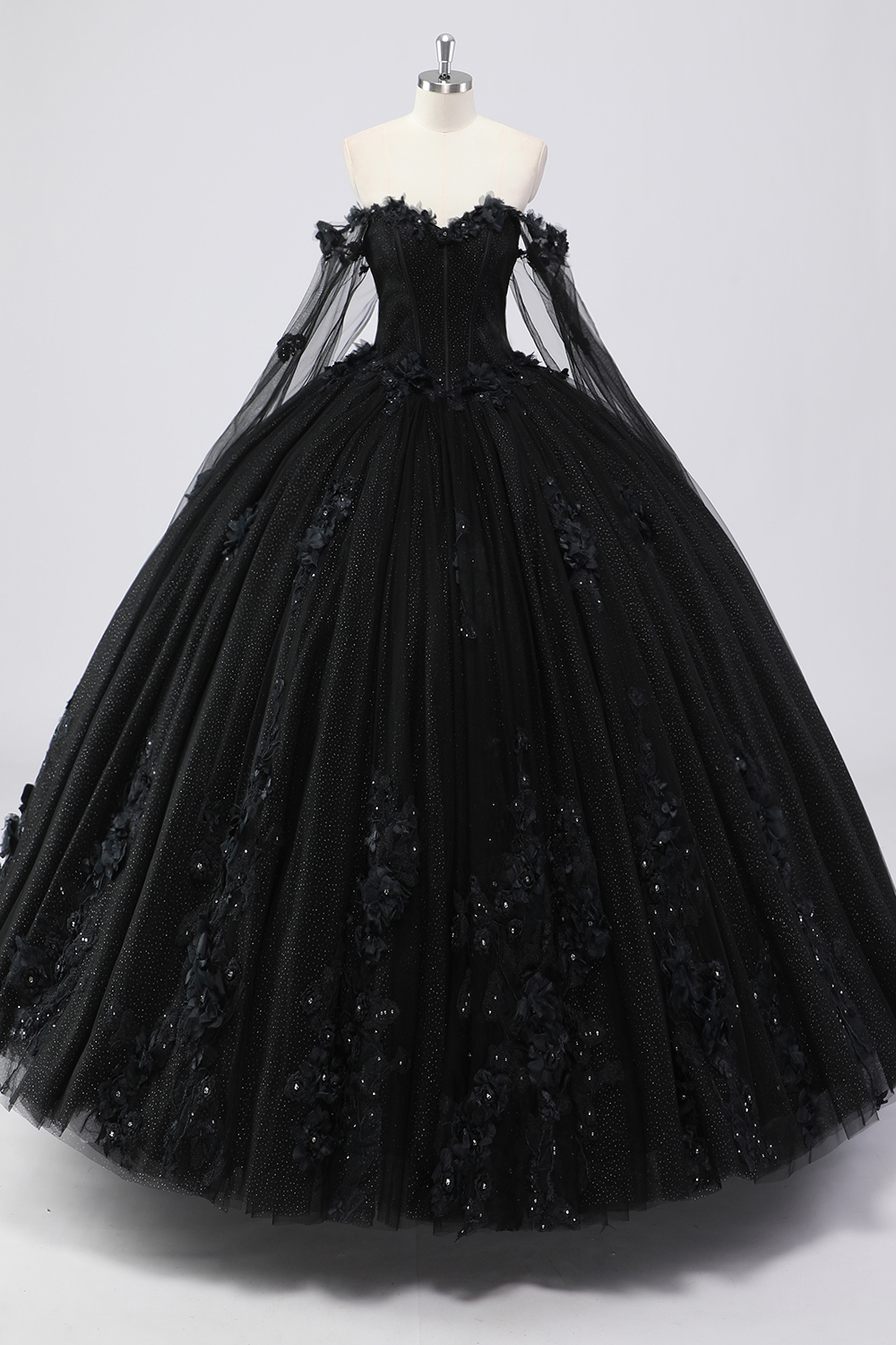 Sparkly Black Off the Shoulder Beaded Princess Applique Tulle Quinceanera Dress