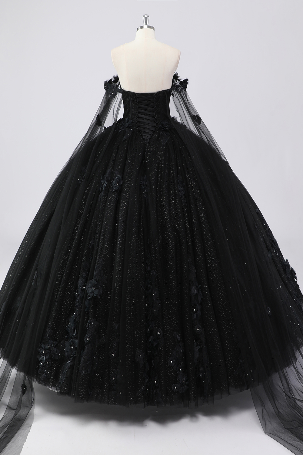 Sparkly Black Off the Shoulder Beaded Princess Applique Tulle Quinceanera Dress