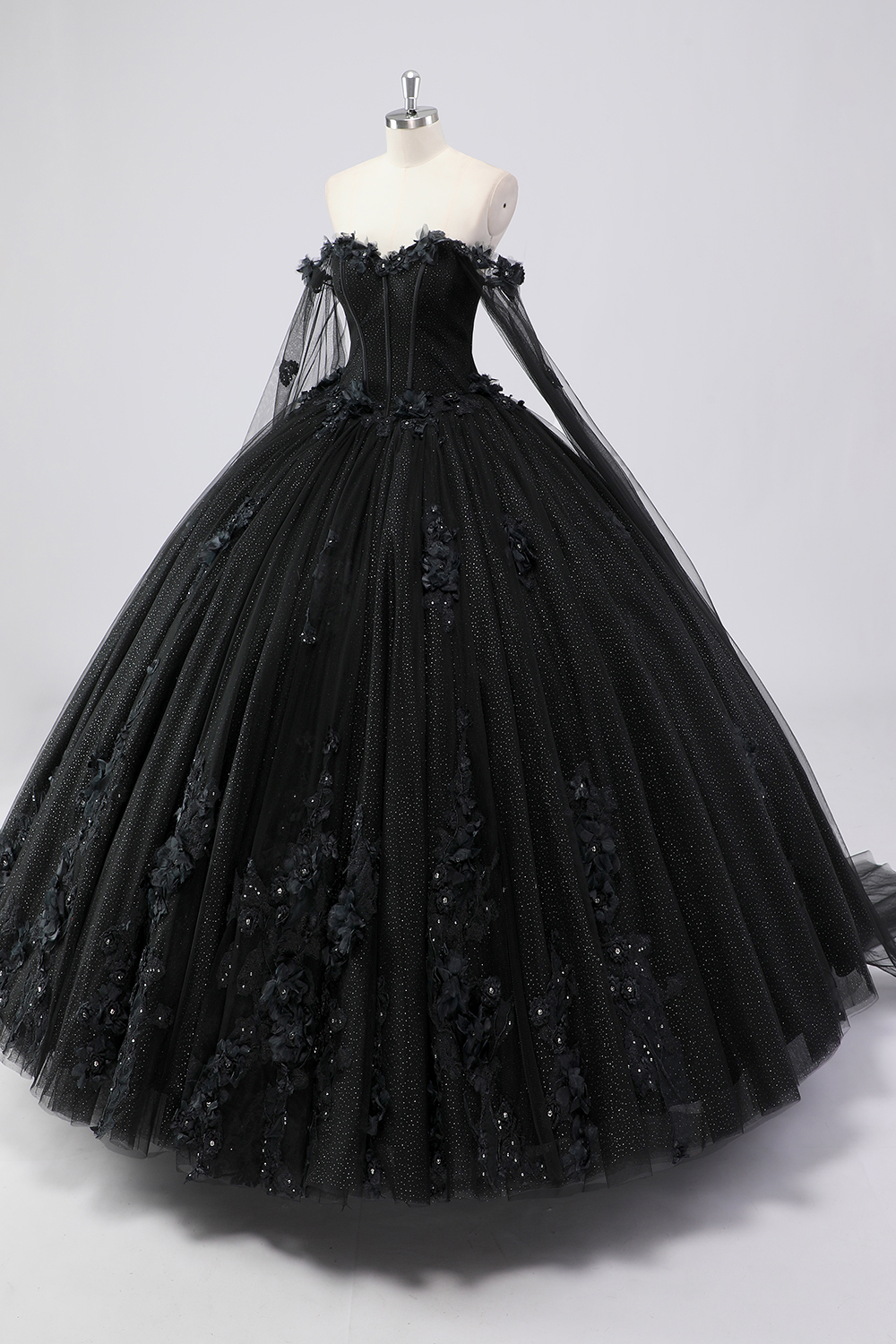 Sparkly Black Off the Shoulder Beaded Princess Applique Tulle Quinceanera Dress