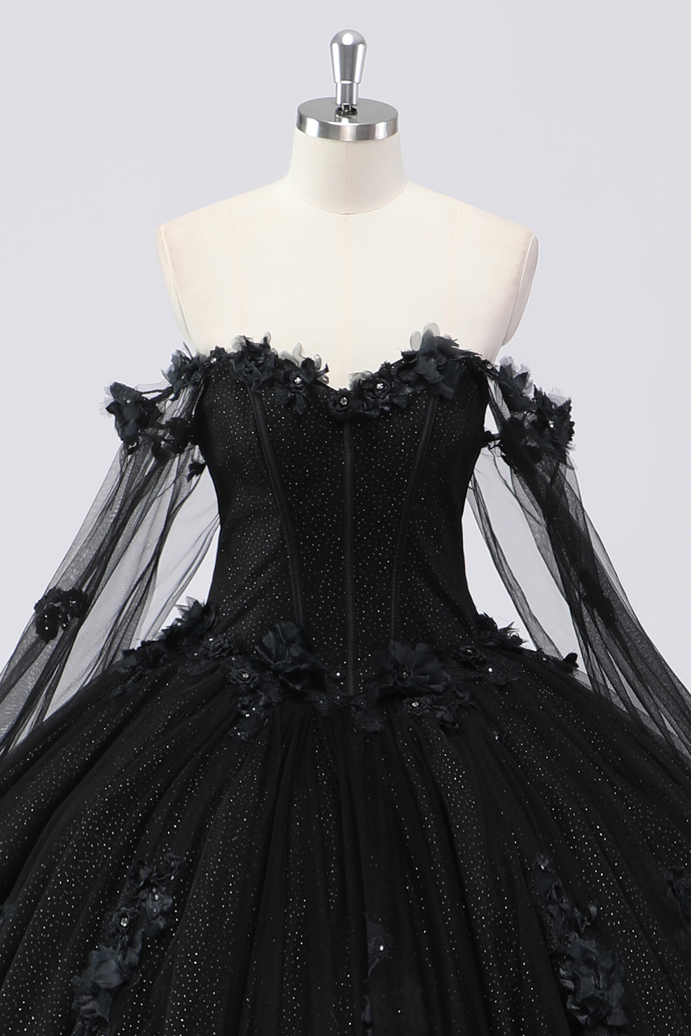 Sparkly Black Off the Shoulder Beaded Princess Applique Tulle Quinceanera Dress