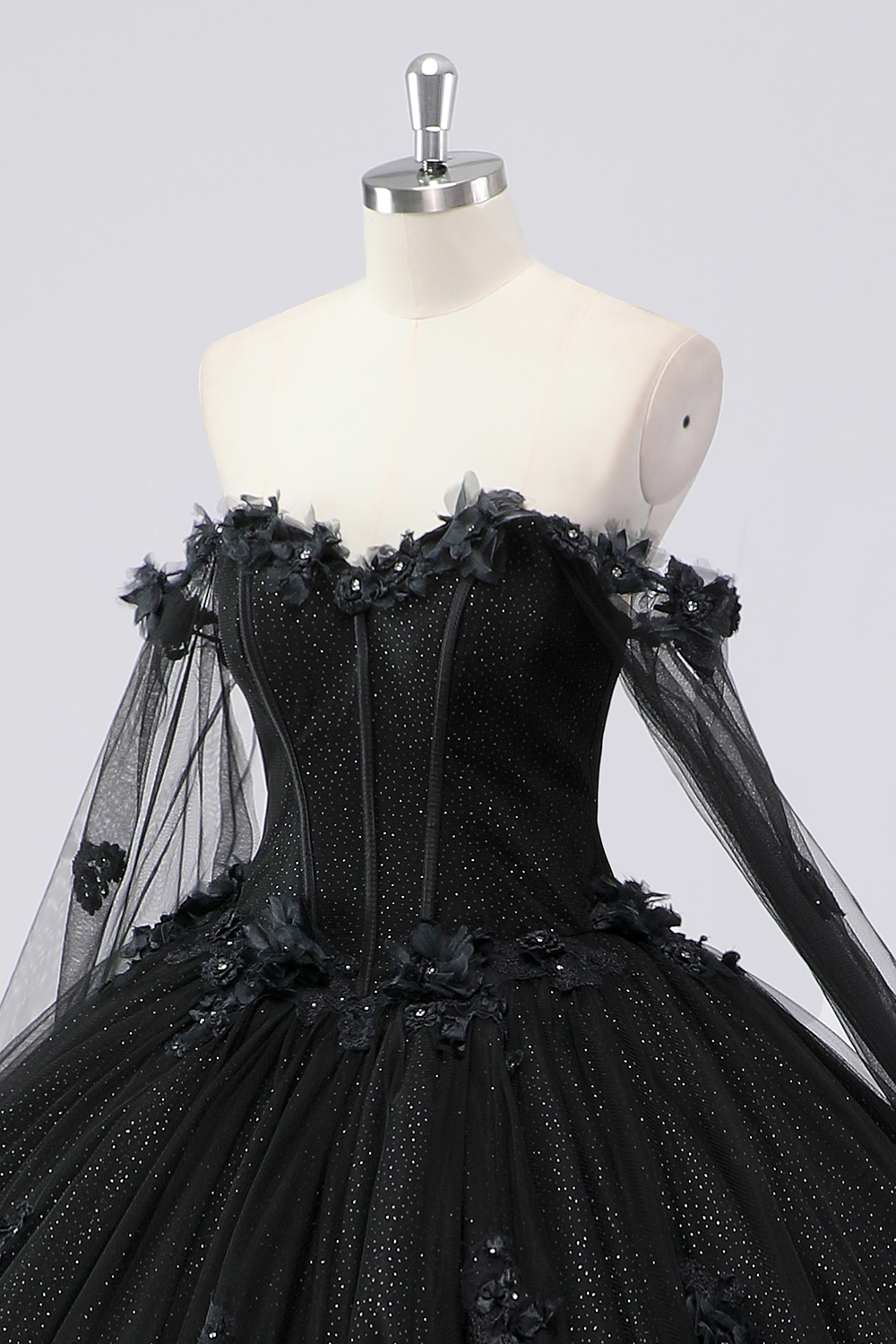Sparkly Black Off the Shoulder Beaded Princess Applique Tulle Quinceanera Dress