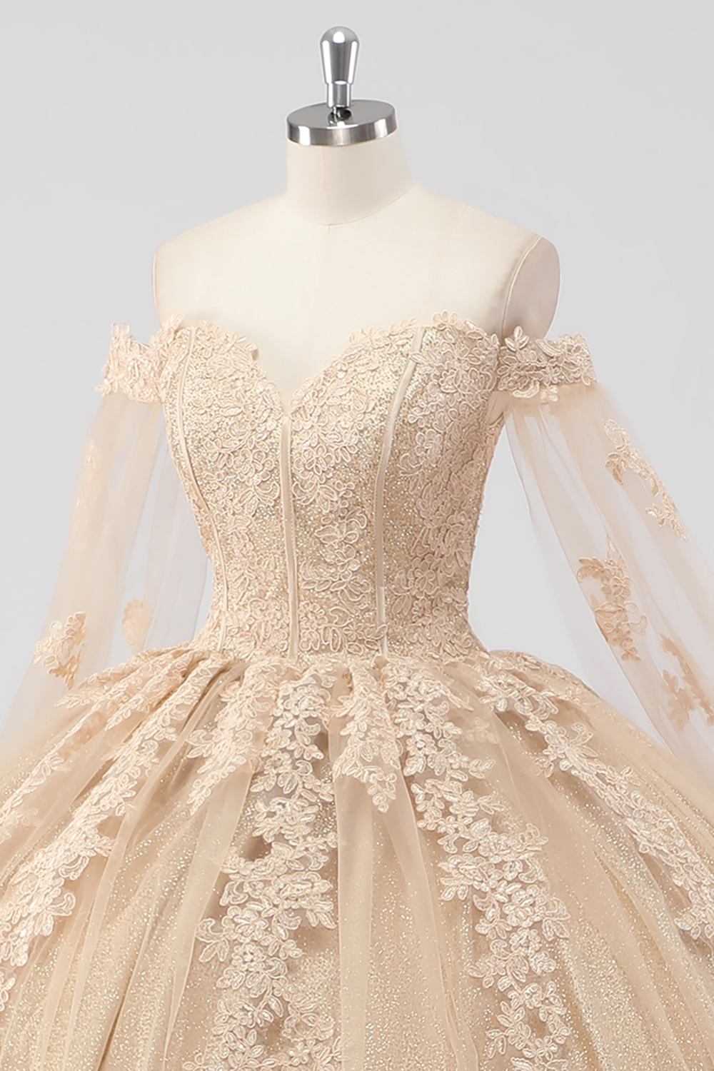 Champagne Tulle Ball Gown Watteau Train Quinceanera Dress with Appliques