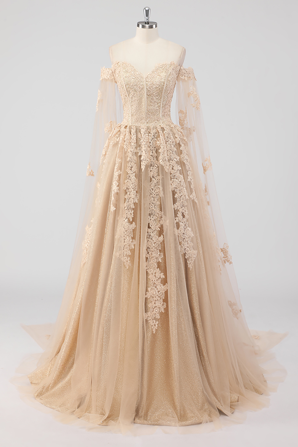 Champagne Tulle Ball Gown Watteau Train Quinceanera Dress with Appliques