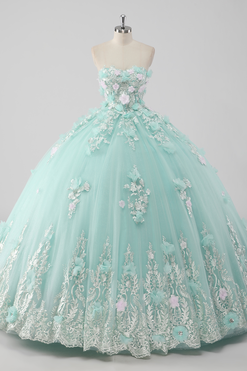 Glitter Mint Tulle Sweetheart Ball Gown Quinceanera Dress with Flowers
