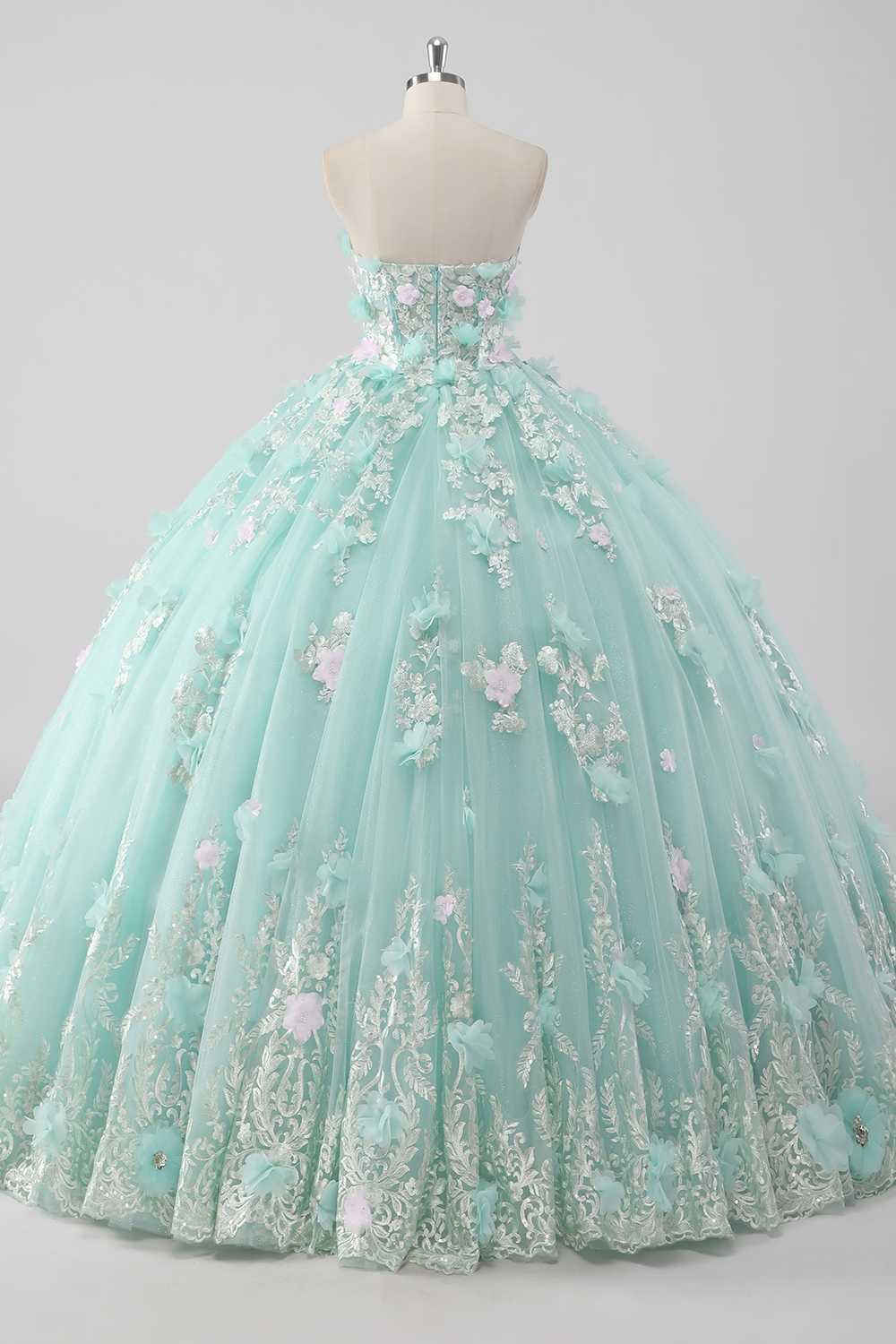 Glitter Mint Tulle Sweetheart Ball Gown Quinceanera Dress with Flowers